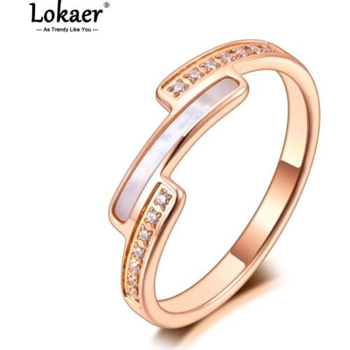 Lokaer Fashion Titanium Stainless Steel Pave Setting Rhinestone Rings Jewelry Simple Geometry Shell Ring For Women Girls R21008