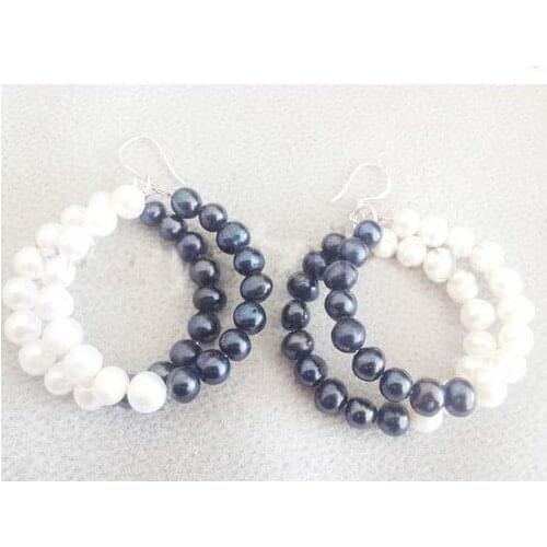 LuckJewelry Store White Black Color Round Freshater Pearl Earrings AA 7-8MM Silvers Dangle Earrings Pearl Jewelry