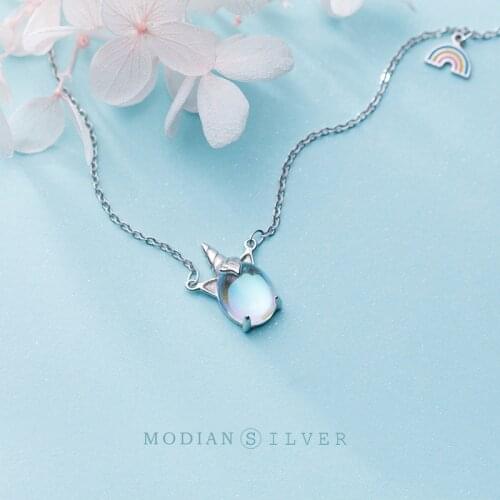 Modian 2019 Autumn Dream Unicorn Sparkling Opal Pendant Fashion Real 925 Sterling Silver Rainbow Necklace For Women Jewelry Gift