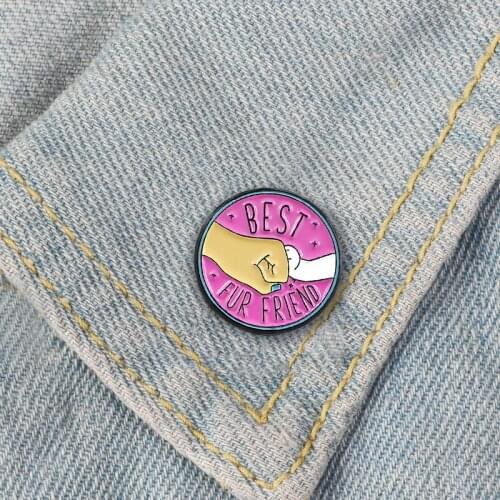 Cartoon Pink Round Enamel Brooch BEST FUR FRIEND Alloy Badge Denim Shirt Bag Cute Sweet Pin Jewelry Accessories Gift For Friends