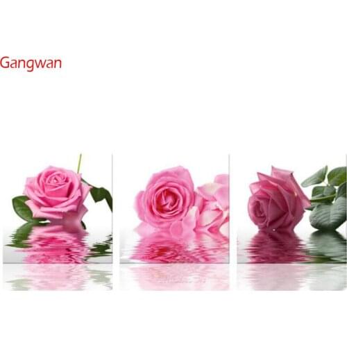 3pcs diy diamond painting pink rose flower triptych mosaic cross stitch kits 5d embroidery full square round drill decoration