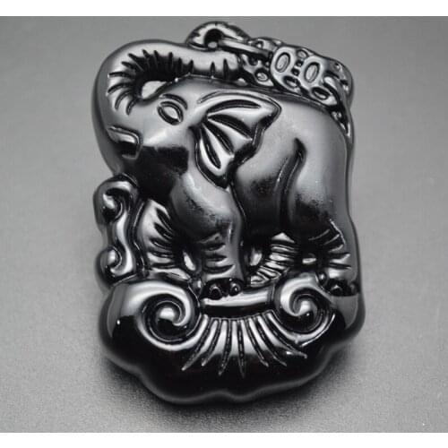 Natural Black Obsidian Stone Carved Elephant Stand on Lucky Cloud Pendant Fashion Man Woman Jewelry