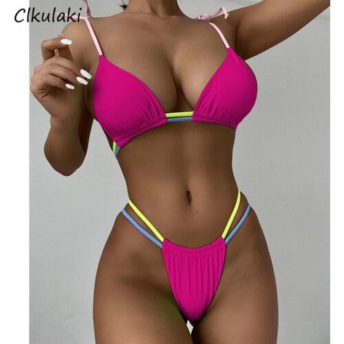 2021 New Sexy Mini Thong Bikinis Swimsuit Women Solid Splicing Swimwear Summer Beach Bathing Suit Swimmimg Two-pieces Bikini set