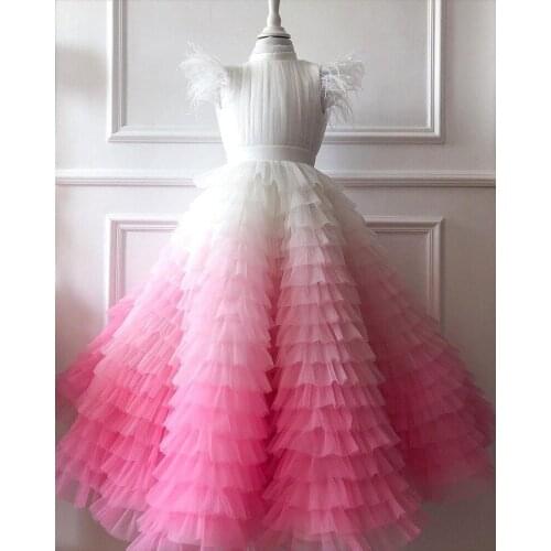 Train Ruffles Flower Girls Dresses for Weddings Party Children Dress Tiered Kids Photoshoot Baby Shower Gowns