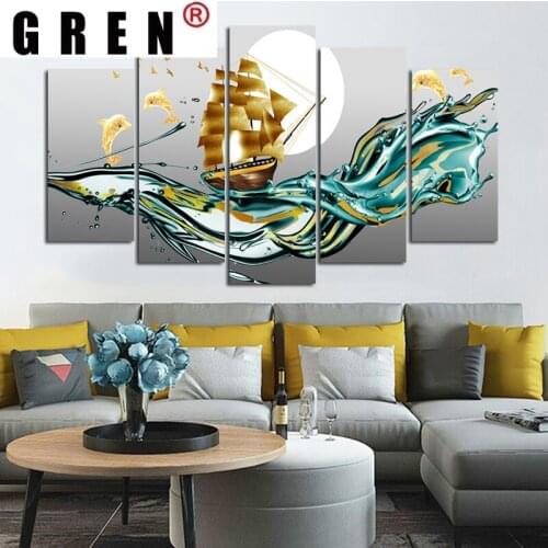 GREN Abstract Golden Boat Sea Ship Posters Canvas Prints Landscape Wall Pictures for Living Room Decorative Paintings Home Decor