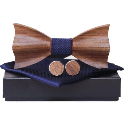 Ricnais 3D Wooden Wood Bowtie Set Bule Red Pocket Square Cufflinks Set For Men Business Wedding Bow Tie Handkerchief With Box