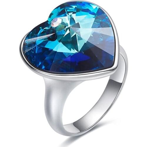Jewellery Ring Woman Embellished with Blue Crystals Wedding Rings Engagement Gift Heart Jewelry For Women Finger Ring