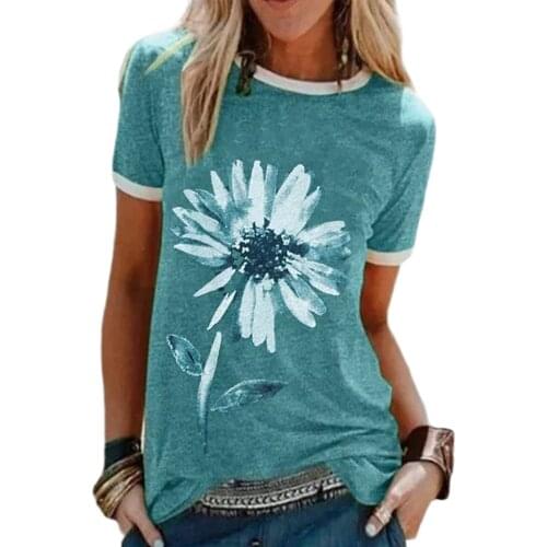Women Casual Clothes Short Sleeve Tops 2021 Summer Fashion Oversized T-Shirts Round Neck Solid Flower Printed Female Polo Shirts