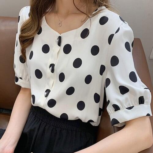 QOERLIN M-4XL Summer New Style Retro Polka Dot Chiffon Shirt Women Short Sleeve Single Breasted White Black Shirt Femme Big Size