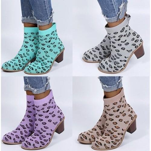 NewLeopard Print Ankle Boots Womens Fashion Knitted Pointed Multicolor Boots Thick Square High Heels Retro Womens Boots Mujer