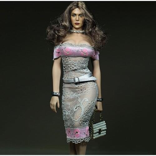 1/6 Scale Gray Off Shoulder Female Slim Short Dress Woman Cloth Figure Mini Skirt Lace Dress Models for 12" Big Bust Body