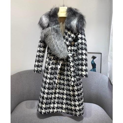 Celebrity Style Winter New Woolen Overcoat For Business Women Mid-Length Real Fox Fur Collar Womans Fur Coats
