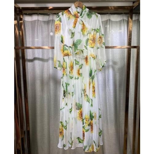 Summer 2021 runways floral print bowtie chiffon dress chic women elegant maxi dress B441