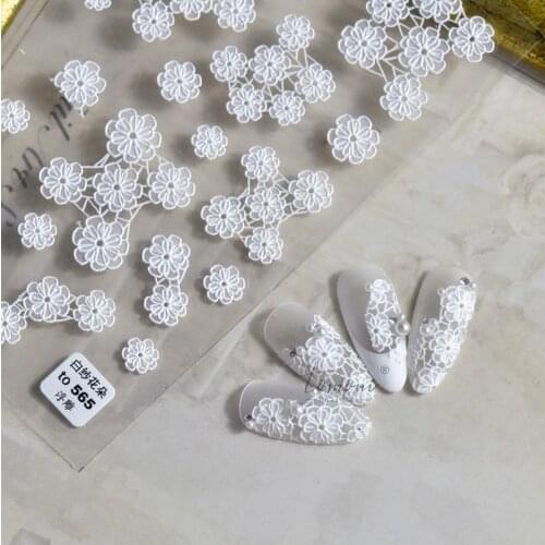 2021 5D Charms Embossed Flower Lace Nail Art Stickers Flower Lace White Engraved Design With Textured Slider Decals for Manicure