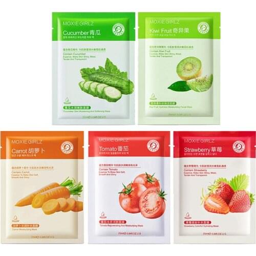 5Pcs Natural Fruit Plant Moisturizing Hydrating Oil Control Brightening Sheet Face Mask Shrink Pores Skin Care Beauty Cosmetics