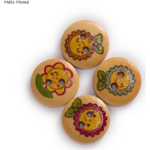 50pcs Sunflower Theme Printing Round Wood buttons Sewing Scrapbook Clothing Gifts Crafts Handwork Accessories Jacket Blazer 15mm