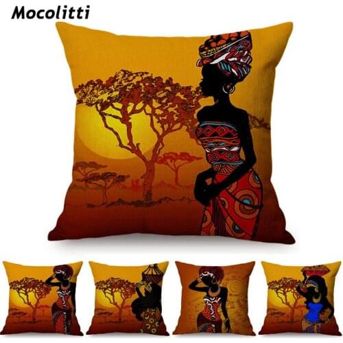 Africa Abstract Painting Art Cushion Cover Africa Sunset View Woman Life Exotic Home Decoration Cotton Linen Throw Pillow Cover