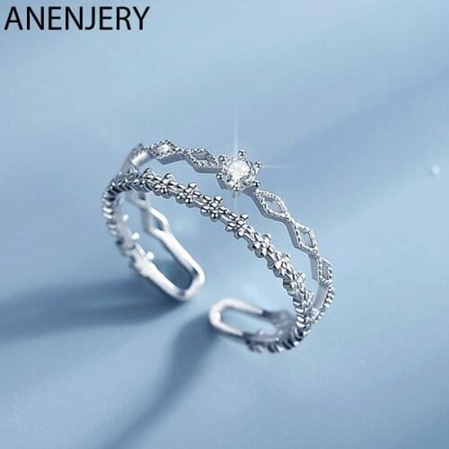 ANENJERY 925 Sterling Silver Flower Lace Ring Korean Fashion Opening Inlaid CZ Adjustable Rings Valentines Day Gift S-R233