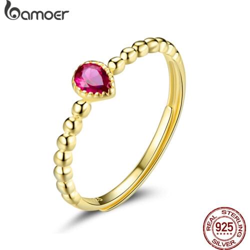 BAMOER Luxury 925 Sterling Silver Ruby Ring Rose Red Water Drop Gems Adjustable Ring Gold Retro Fashion Jewelry Wedding SCR745