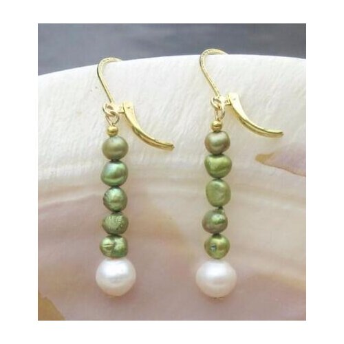 Free shipping>>>>noble jewelry NEW BEAUTIFUL NATURAL AAA +++ WHITE GREEN PEARL EARRING 14K/20 YELLOW GOLD hook