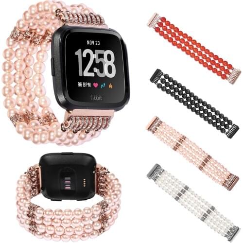 Glitter Rhinestones Pearl Agates Wrist Strap For Fitbit Versa Smart Watch Band Stretch Bracelet Watchband Women Girls Wristbands