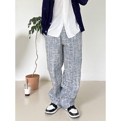 Summer ins tide brand pattern jeans personality street Korean style drape trousers loose mens straight pants