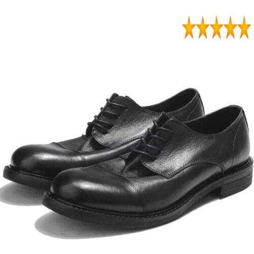 Leather Italian Retro Casual Genuine Men Round Toe Office Work Block Low Heels Business Man Vintage Lace Up Derby Shoes