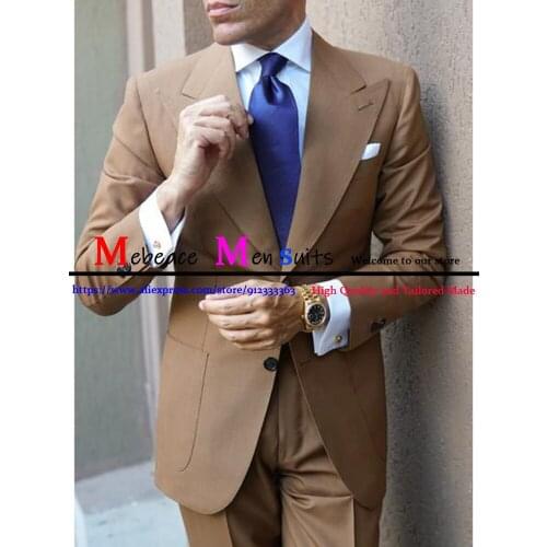 Classic Business Brown Men Suit Latest Coat Pant Design Autumn Fashion Solid Slim Wedding 2 Pieces (Blazer+Pants) Costume Homme