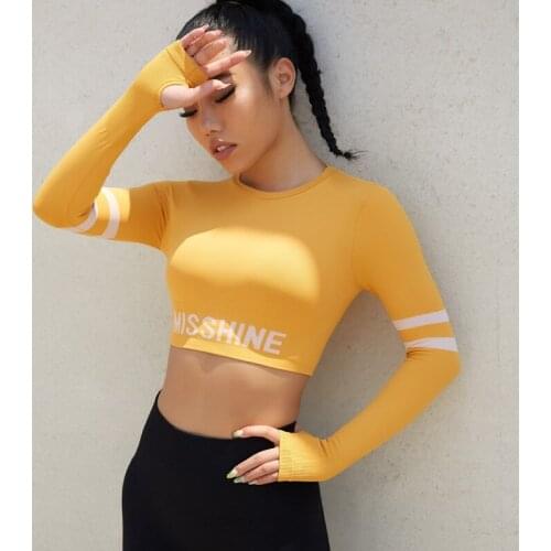 CretKoav Women Sexy Crop Top Gym Yoga Shirt Long Sleeve Letter Workout Tops Running Sport T-Shirts Breathable Fitness Sportswear