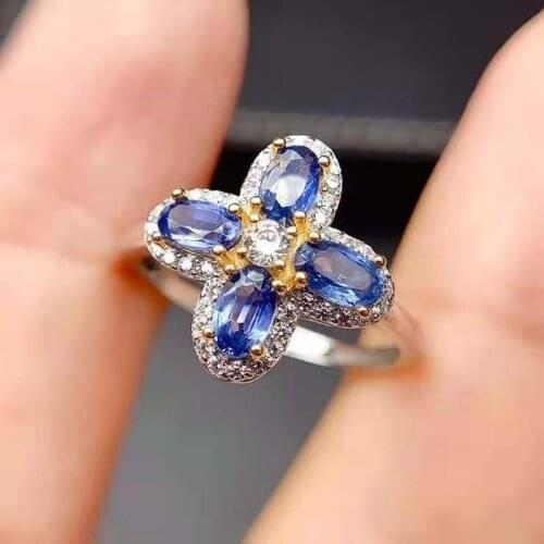 Natural Sapphire S925 Sterling Silver Lucky Clover Ring Fine Fashion Wedding Jewelry for Women Free Shipping MeibaPJFS