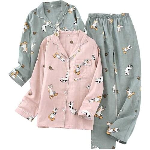 2021 Summer New Lovers Gauze Cotton Pajamas Set Cute Cartoon Printed Men And Women Sleepwear Comfort Loose Couples Home-wear