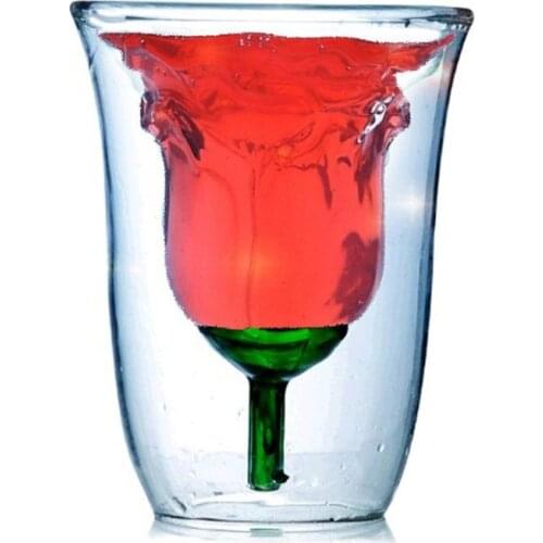 New 180mL Rose Shape Double Wall Glass Cup Creative Home Office Wine Whiskey Cocktail Transparent Glass Mug Best Gift for Friend