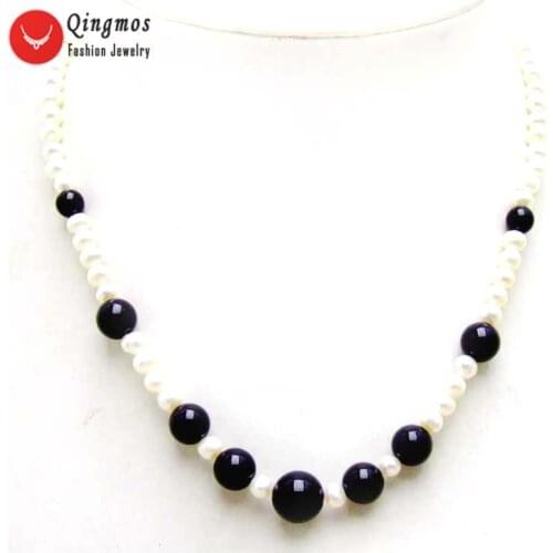 Qingmos Natural Pearl Necklace for Women with 5mm Round White Pearl 17" Chokers Necklace & Black Agates Pendant Necklace Jewelry