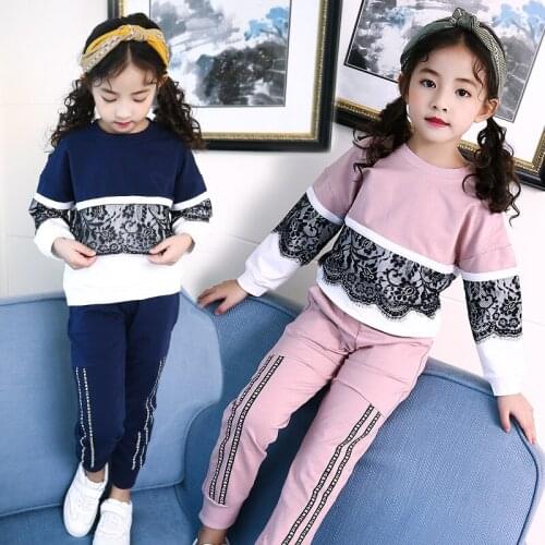 Girls O-neck Long Sleeve Casual Fashion Lace Patchwork Tops and Pants Clothing Sets Casual Streetwear Clothing Sets