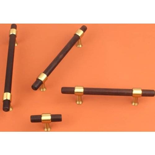 Natural Beech Wood + Brass T-Bar Cabinet Handles Wardrobe Kitchen Cupboard Pulls Drawer Long Furniture Handle Hardware