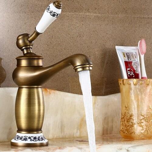 Basin Faucets Antique Bronze Floral Pattern Bathroom Waterfall Faucet Hot and Cold Water Single Hole Mixer Taps Faucet