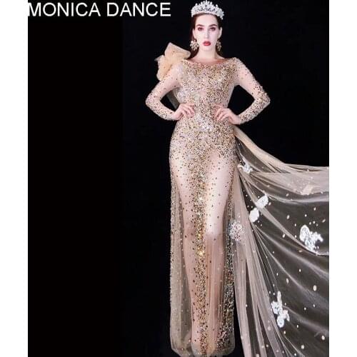 Sexy Sparkly Crystals Mesh Long Dress Outfit Evening Celebrate Bright Rhinestones Dresses Costume Female Singer Birthday Dress