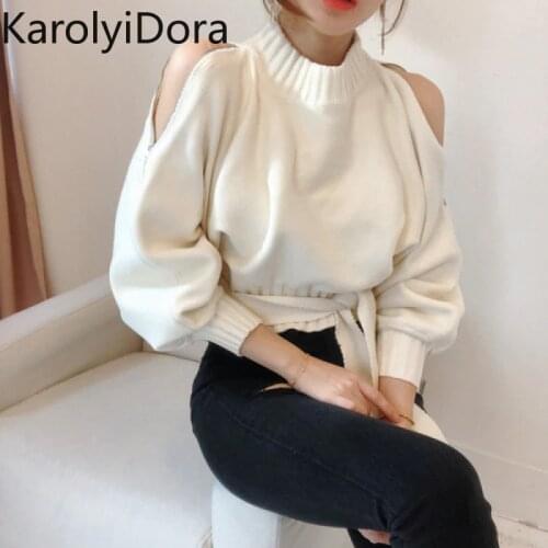 Women jumper sweater female chic runway sweater cold-shoulder sexy elegant office lady autumn winter pullover sweater lace