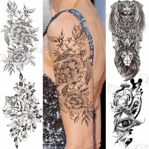 Peony Turtle Temporary Tattoos For Women Arm Thigh Adult Geometric Eyes Realistic Fake Animal Tattoo Body Art Half Sleeve Tatoos