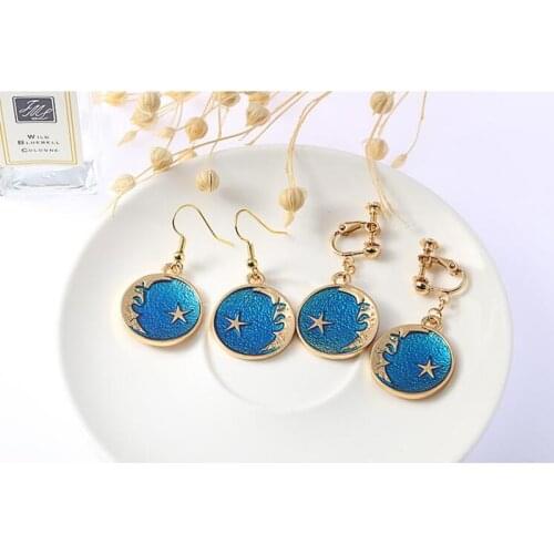 High-grade Enamel Gold Color Star Moon Planet Shape Clip on Earrings and Drop Pierced Earring for Women Charm Earrings Xmas Gift