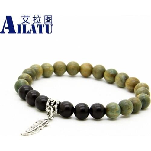 Ailatu 8mm Protective Mala Beads Good Luck Wood Bracelet Feather, Om and Cross Pendant