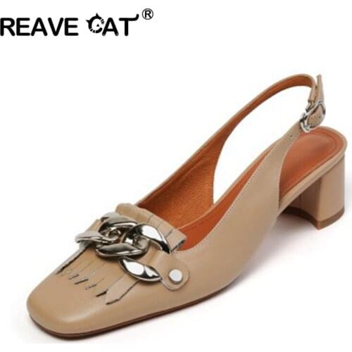 REAVE CAT 2021 Hot Sale Genuine Leather Women Sandals Ankle Buckle 4.5cm Low Heels Chains Comfort Summer Party Size 33-40 B2639
