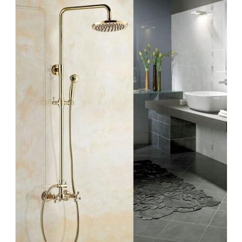 Golden Bathroom Shower Faucet 8" Rainfall Shower Mixer Tap with Brass Handshower Wall Mounted Bath Shower System zgf324