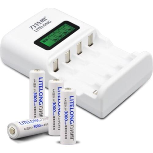 4PCS Large capacity 3000mAh 1.2v AA Ni-MH rechargeable battery + 4-slot universal AA AAA battery smart LCD charger