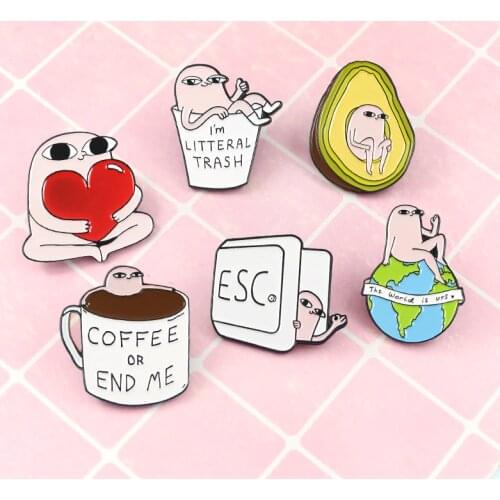 6 Styles Ketnipz Meme Funny Comics Egg Earth Coffee Avocado ESC Cup Literal Trash Metal Badge Lapel Pin Jewelry Friend Gift