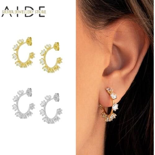 AIDE Exquisite C Shaped pendientes Stud Earrings for Women Geometric Zircon 925 Sterling Silver Earrings Fine Jewelry kolczyki