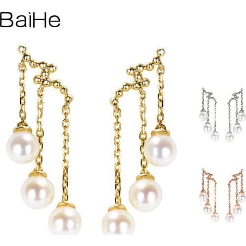 BAIHE Solid 18K Yellow/Rose/White Gold 4MM H/SI Freshwater Pearl Wedding Classic Fine Jewelry Pearl Ear Line Stud Earrings Women