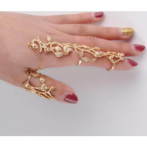 Hot-Selling Occident Women Shiny Floral Ring Celebrity Party Connect Full 2 Finger Rings
