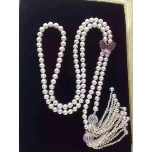 Freshwater pearls 8-9mm Hand knotted 925 silver inlaid zircon fringed butterfly buckle long necklace sweater chain