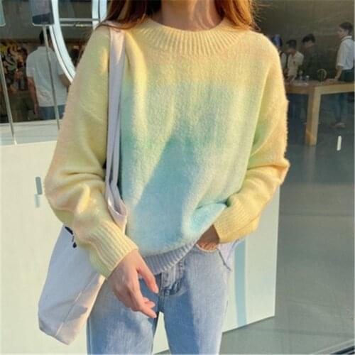 2020 New Arrivals Jumper Wool Rainbow Gradient Smudge Tie-dye Ice Cream Color O-neck Long-sleeved Loose Pullovers Tops